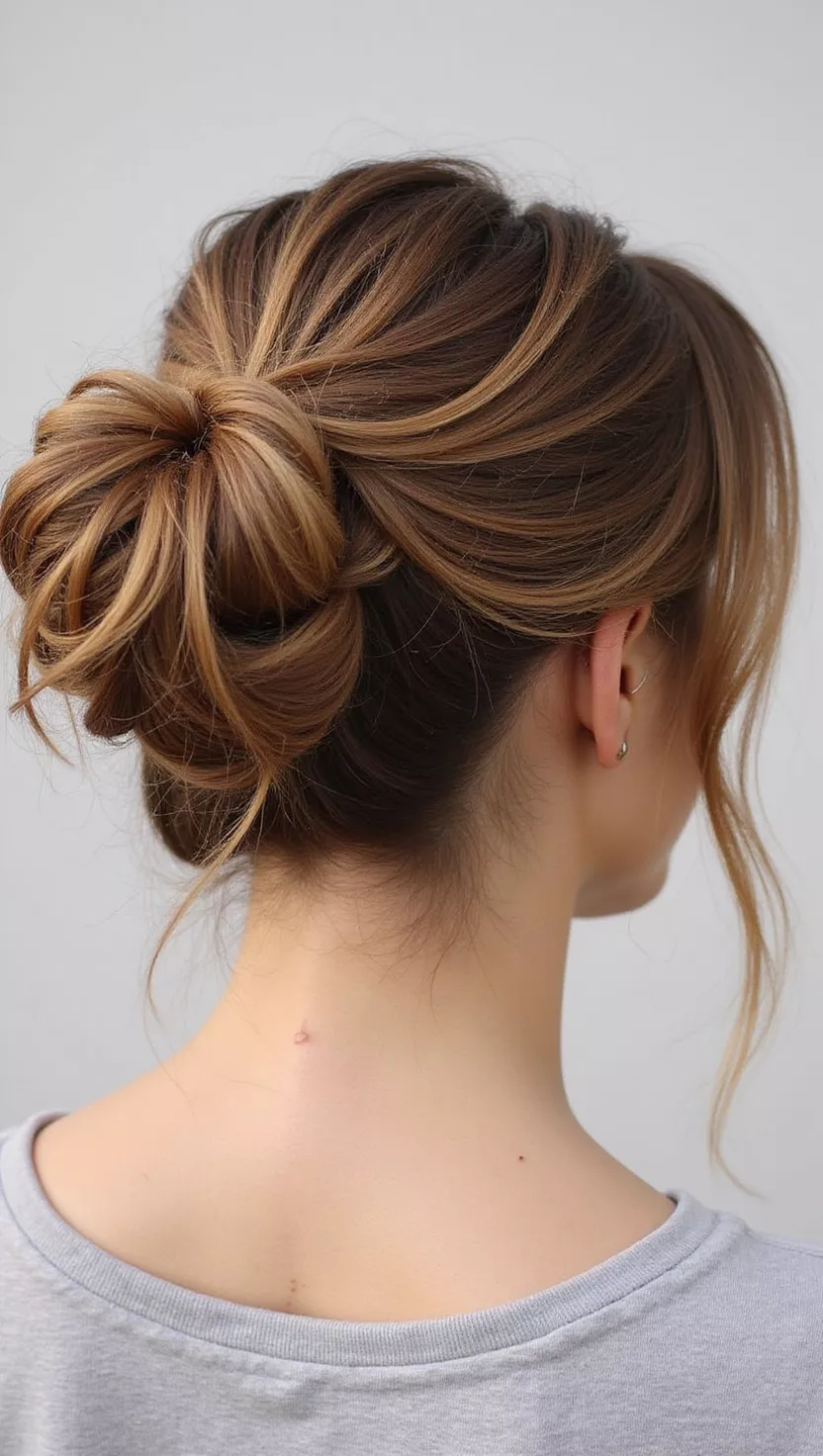 Bronze Balayage A photo of a 31-year-old woman with a Bronze Balayage colored messy bun, back view.