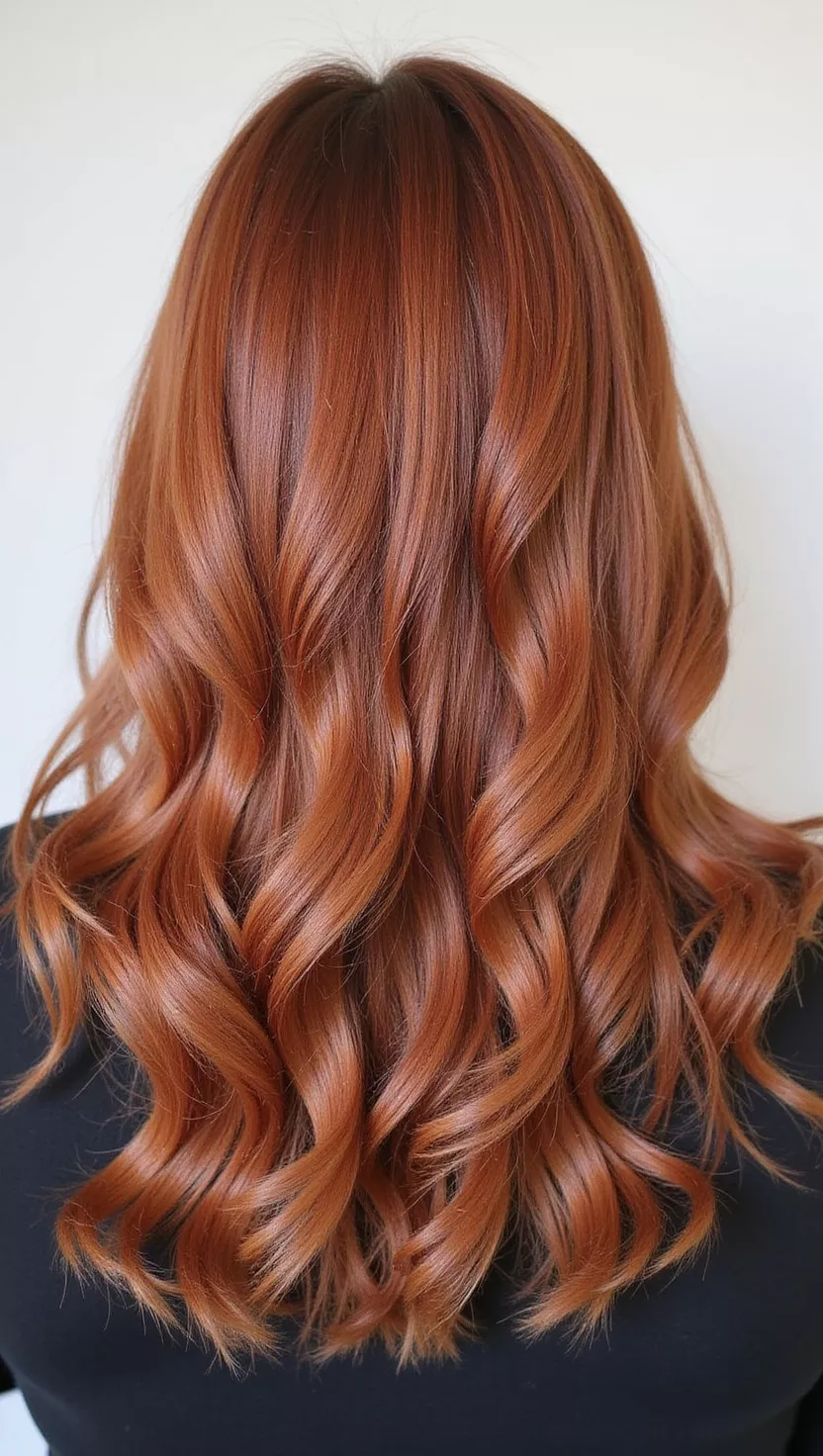 A photo of a 23-year-old woman with a soft, warm, and natural-looking light auburn hair color, a reddish-brown with a subtle hint of copper, colored medium-length, wavy hair, back view.