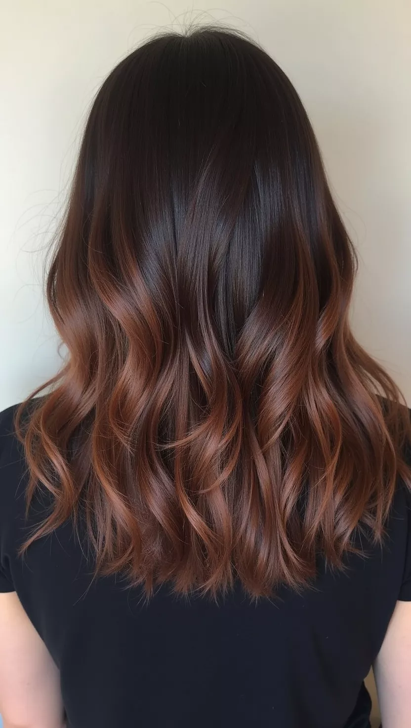 A photo of a 28-year-old woman with a deep, dark brown base with subtle auburn undertones, creating a rich, almost black appearance in low light, colored wavy bob, back view.