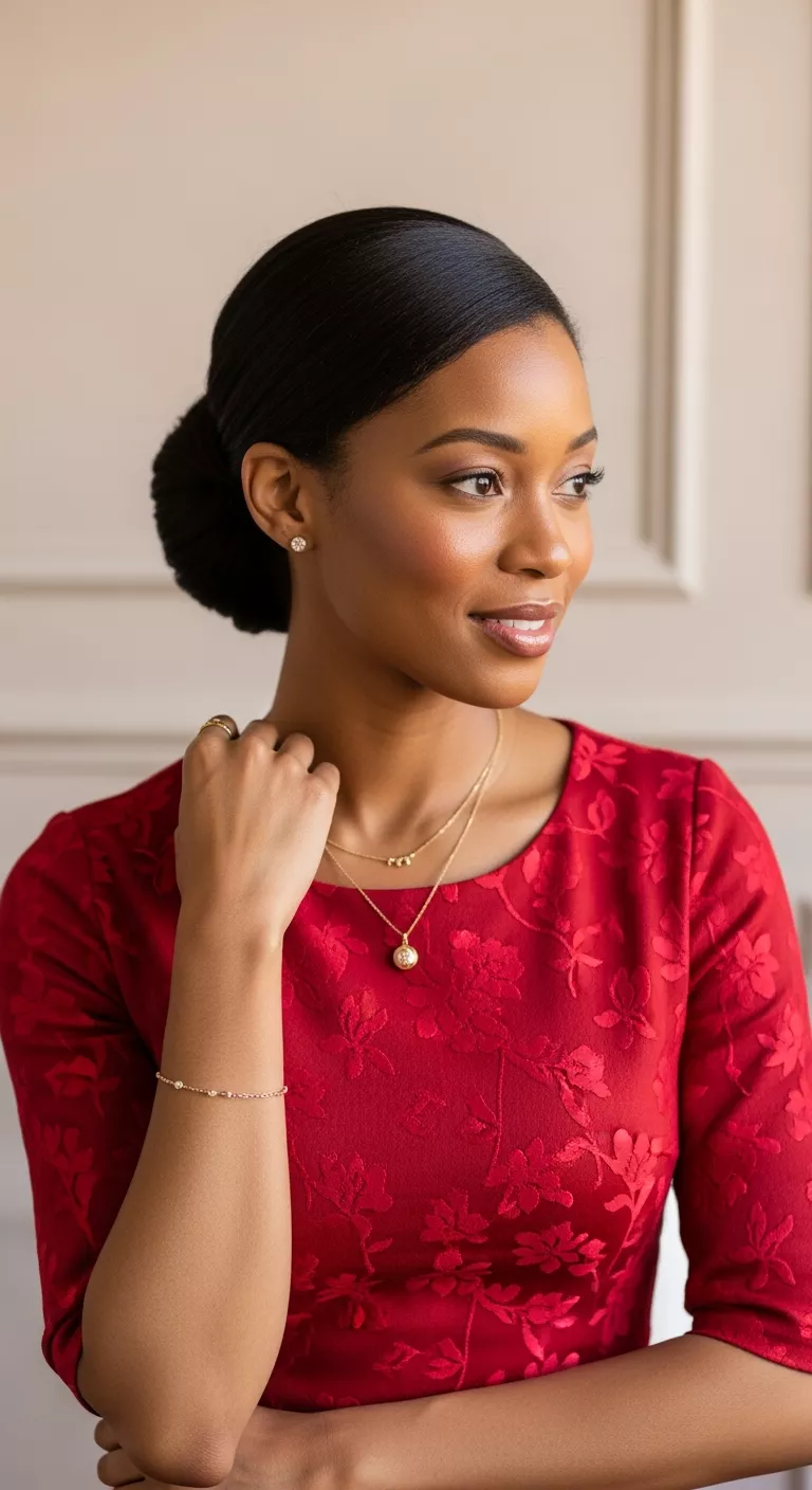 A photo of a 34-year-old woman with a low chignon.