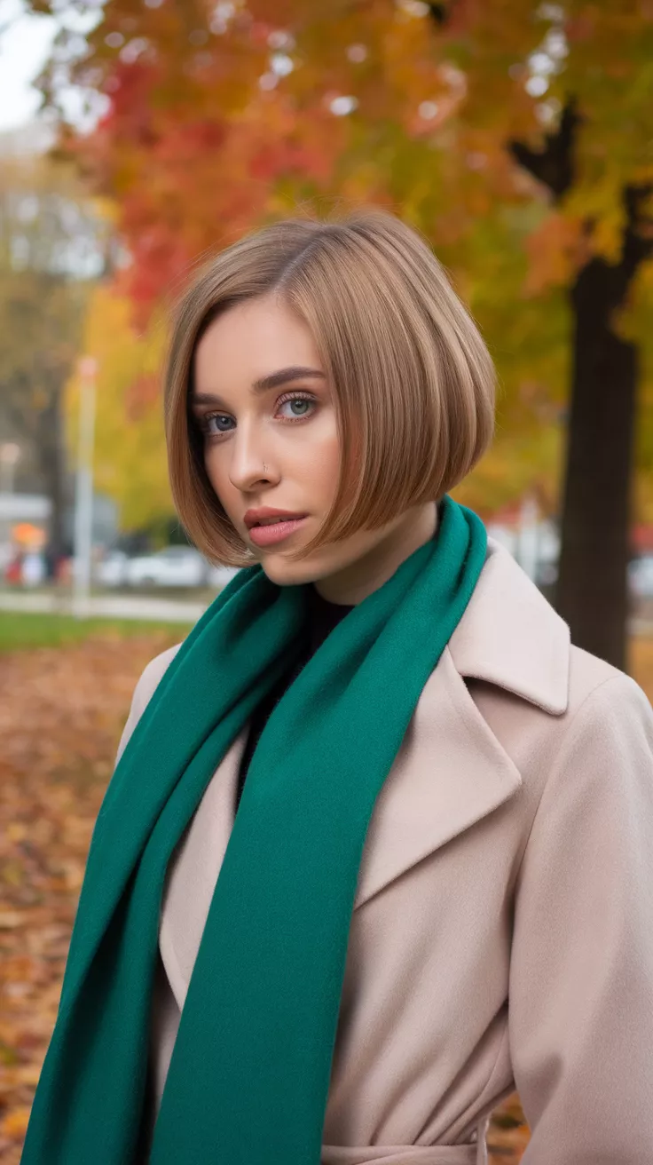 Sharp Short Bob A photo of a 28-year-old woman with a sharp short bob, autumn park scene with colorful leaves.
