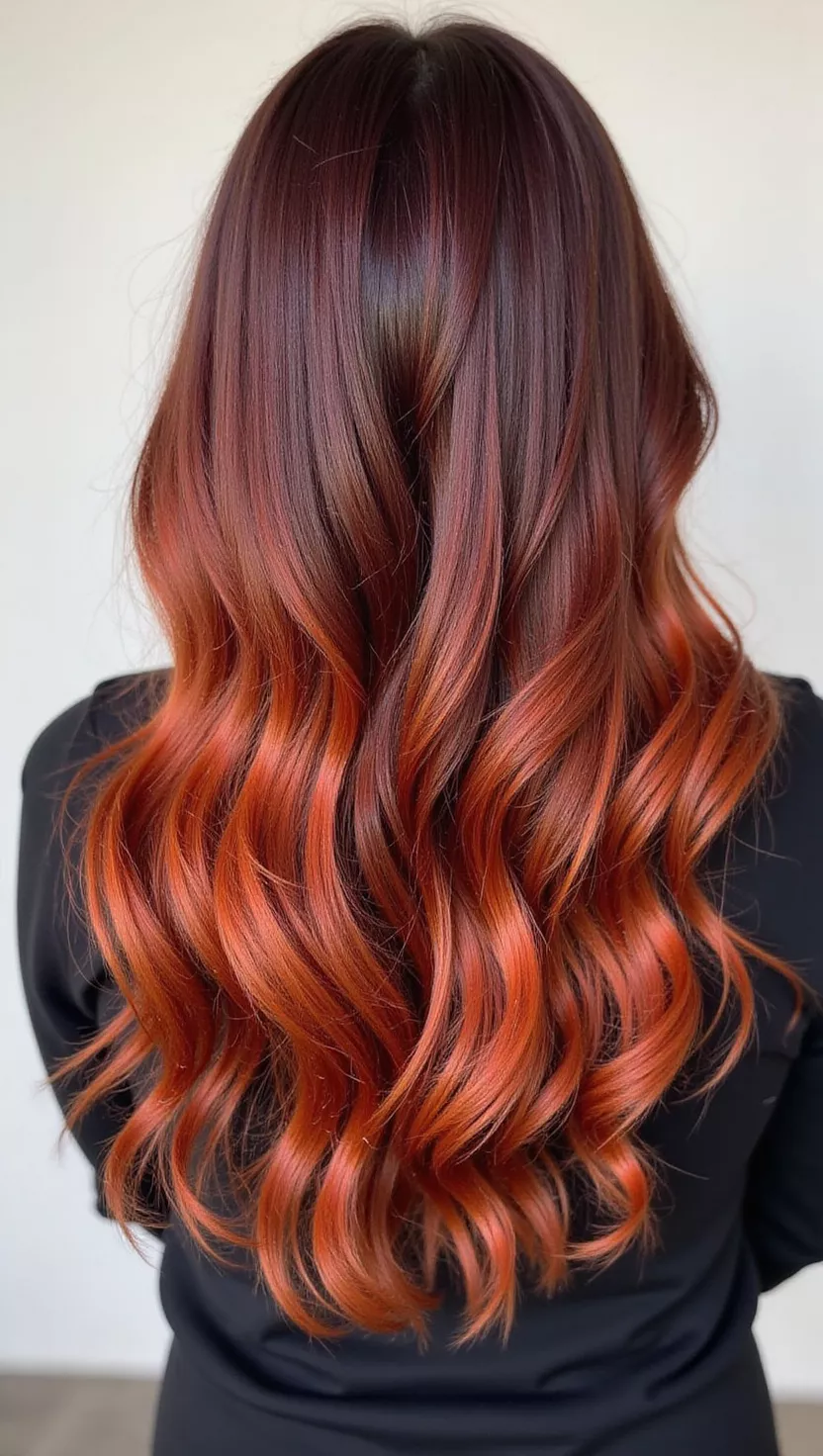 A photo of a 30-year-old woman with a dark, reddish-brown base with fiery, deep orange and coppery highlights, creating a glowing, smoldering effect, colored long, layered hair, back view.