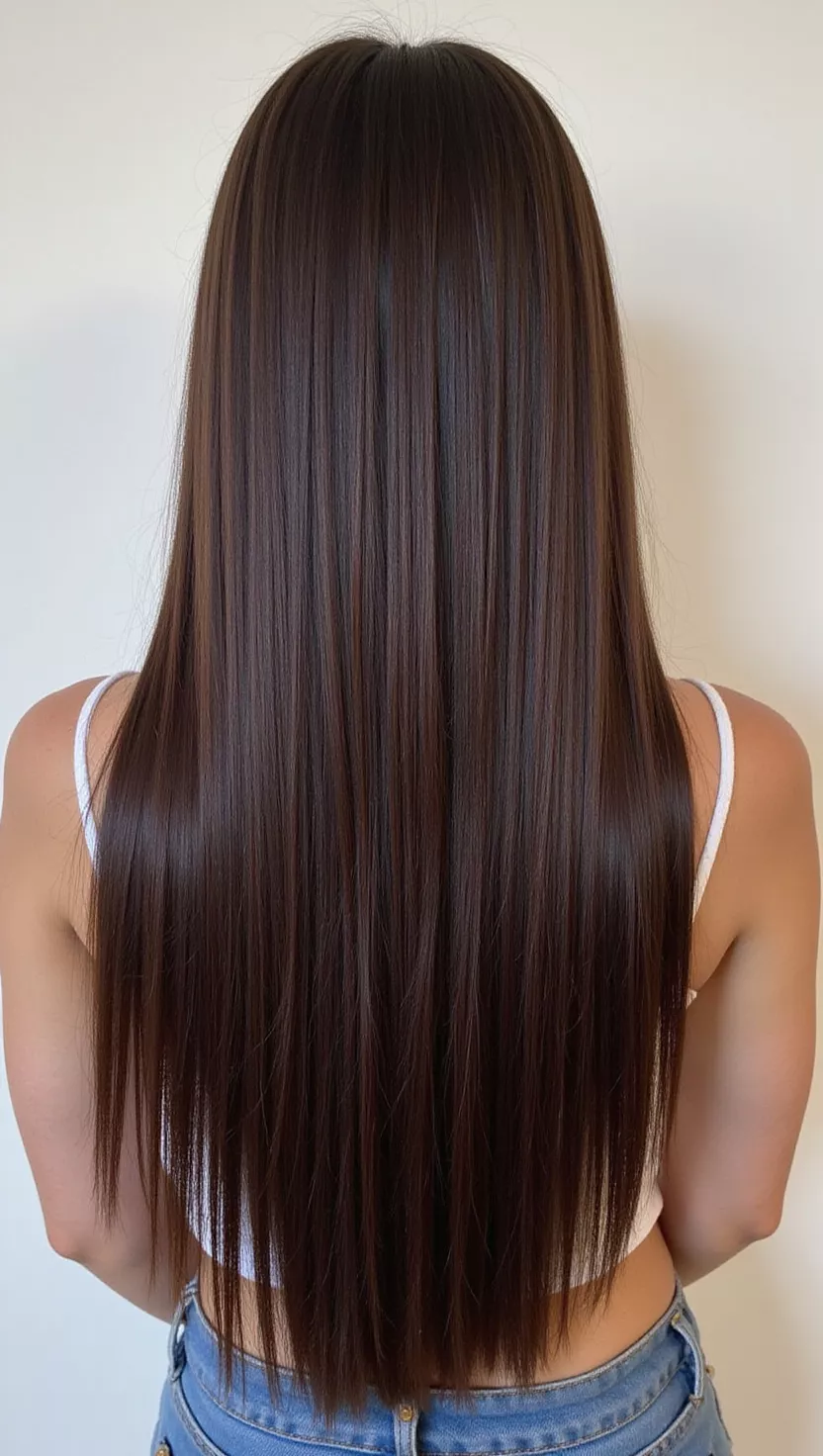 Rich Espresso A photo of a 35-year-old woman with a Rich Espresso colored sleek straight hair, back view.