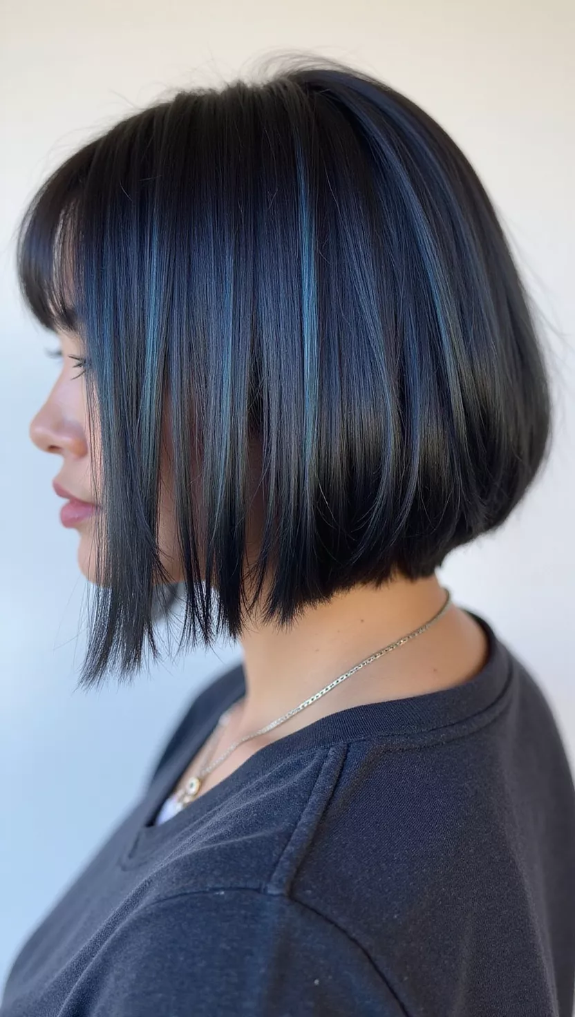 A photo of a 26-year-old woman with an extremely dark, almost black-brown with very cool, subtle blue or ash undertones, giving an intense, deep appearance, colored blunt bob, back view.