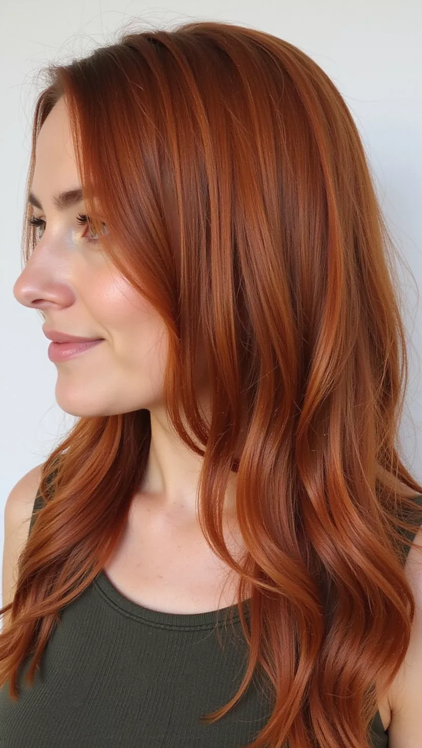 Cinnamon Red A photo of a 25-year-old woman with a warm, spicy reddish-brown with golden undertones colored long, straight hair, profile view.