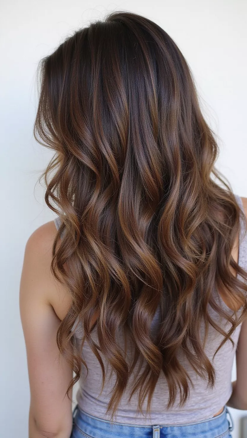 Mocha Meltdown A photo of a 20-year-old woman with a Mocha Meltdown colored long, beachy waves, back view.