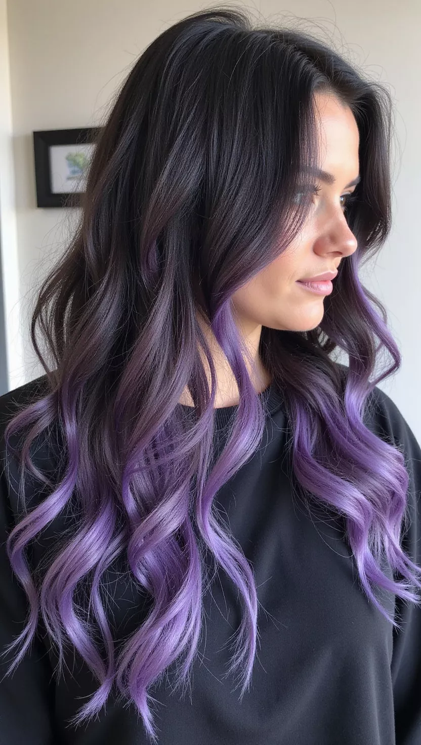Violet Black A photo of a 34-year-old woman with a deep, glossy black base with strong, shimmering violet undertones visible in the light colored long, wavy hair, profile view.
