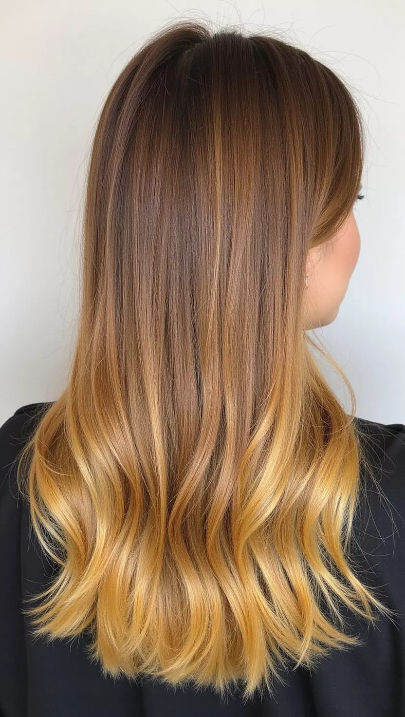 Golden Maple A photo of a 30-year-old woman with a warm golden-brown with yellow highlights colored long straight hair, back view.
