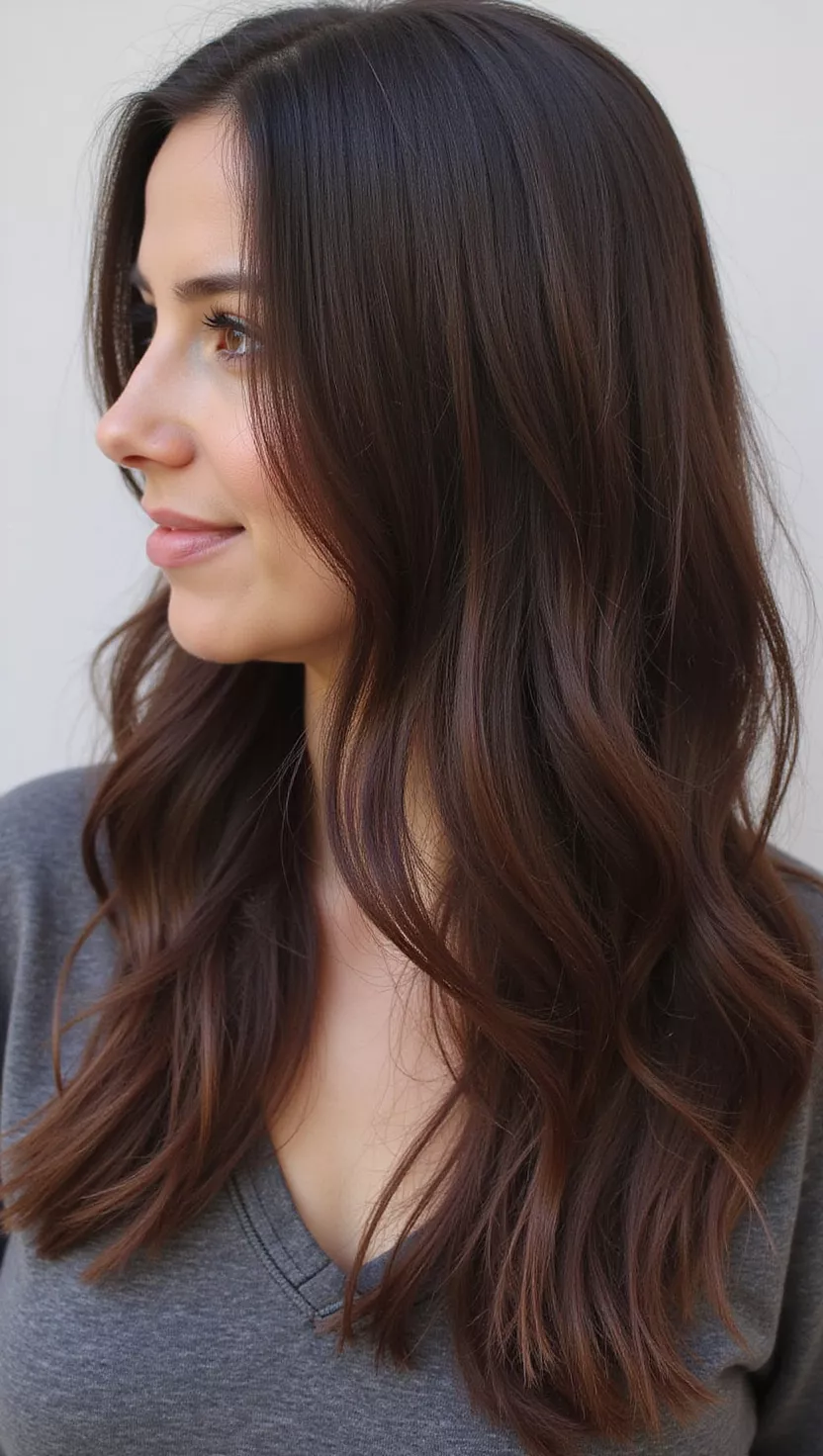 Dark Chocolate Brown A photo of a 26-year-old woman with a deep, rich, cool-toned dark brown with no red or gold undertones colored long, straight hair, profile view.