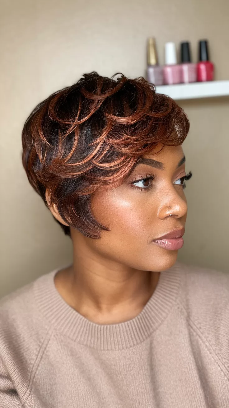 A photo of a 30-year-old black woman with copper highlights on dark brown colored short pixie cut, side view.