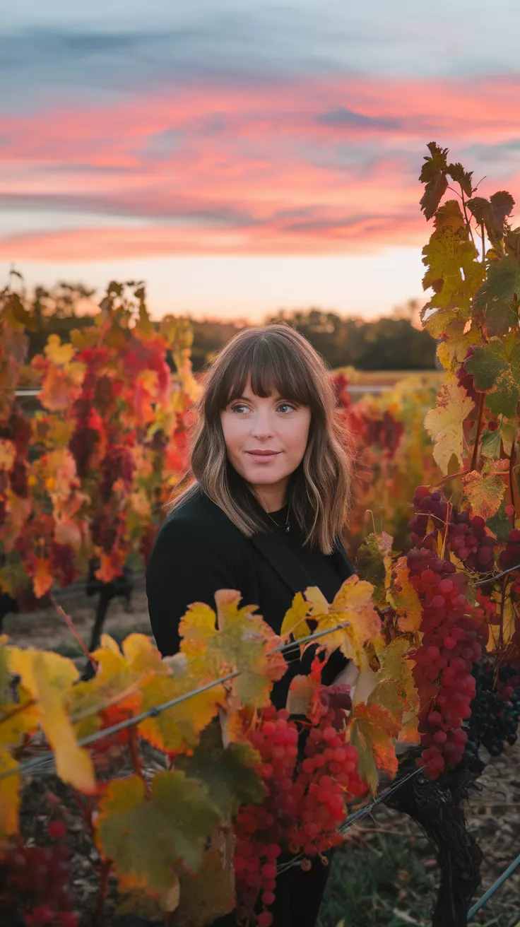 Face-Framing Lob A photo of a 31-year-old woman with a face-framing lob, vineyard at sunset with autumn colors.
