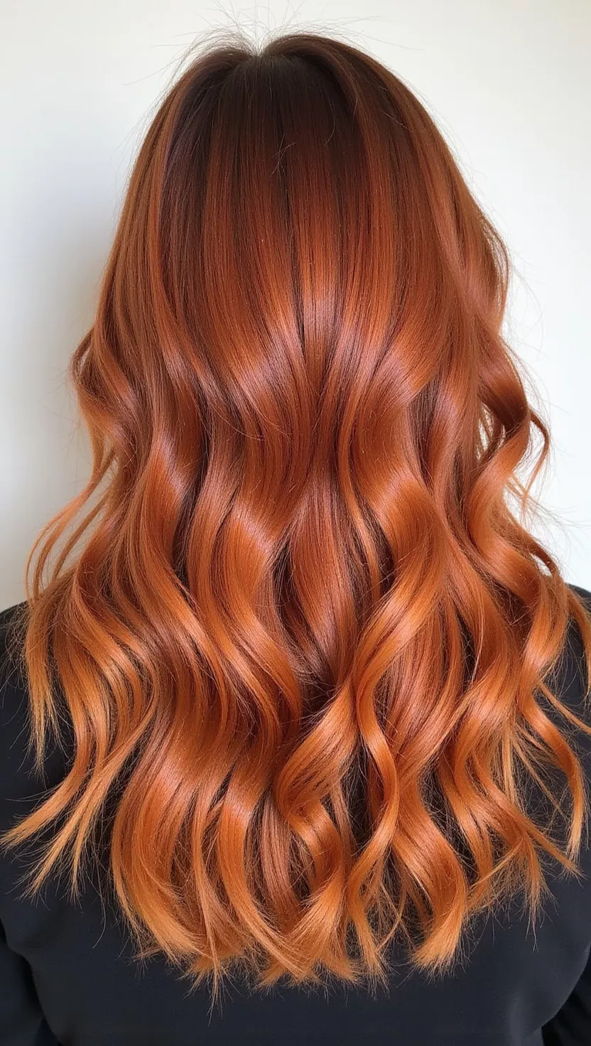 Pumpkin Pie Spice A photo of a 28-year-old woman with a rich, warm pumpkin pie spice hair color, a coppery-orange hue with hints of cinnamon and nutmeg, colored long wavy hair, back view.