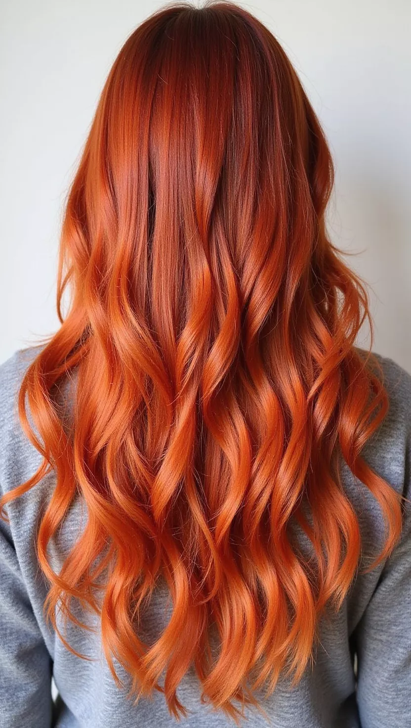 Sunset Copper A photo of a 25-year-old woman with a vibrant copper-orange with red highlights colored long wavy hair, back view.