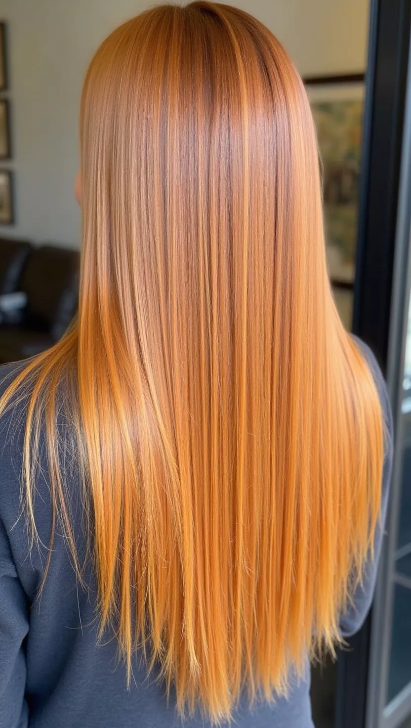 Saffron Blonde A photo of a 31-year-old woman with a warm golden blonde with orange undertones colored long straight hair, back view.