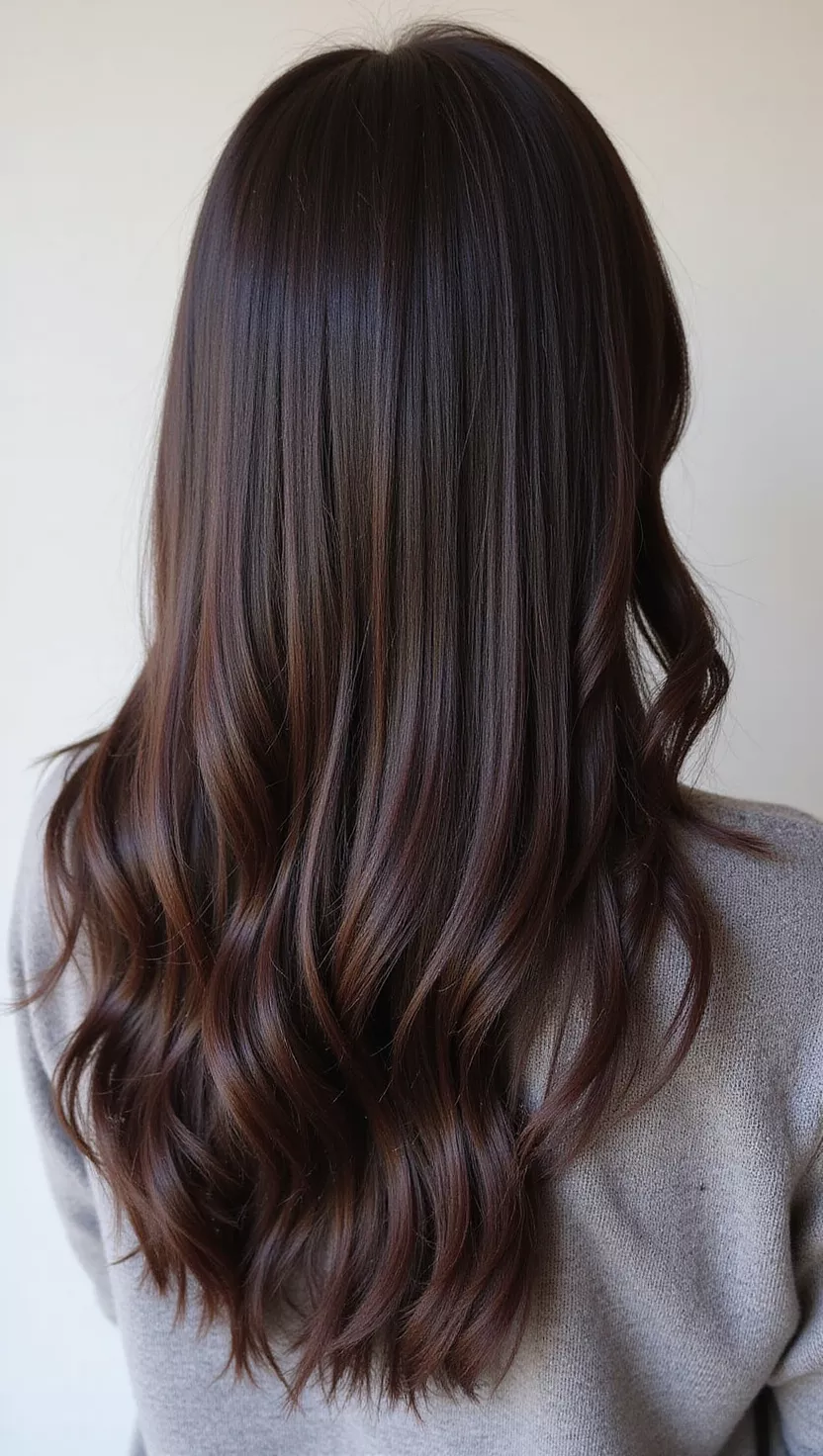 Espresso A photo of a 30-year-old woman with a rich, intense espresso hair color, a very deep, dark brown with cool undertones, almost black, colored sleek, straight hair, back view.