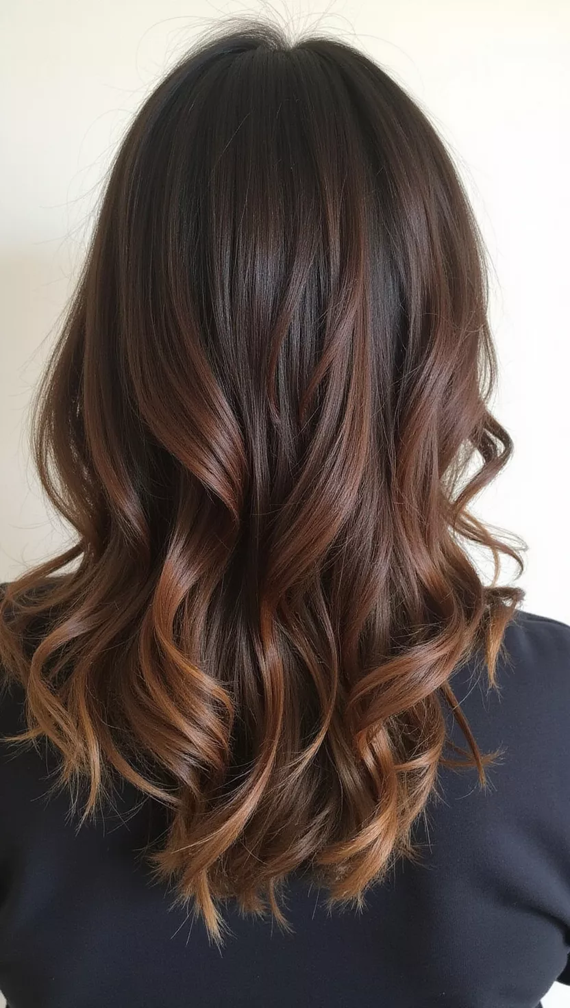 Molasses Brown A photo of a 34-year-old woman with a very dark brown with subtle warm undertones colored medium-length layered hair, back view.
