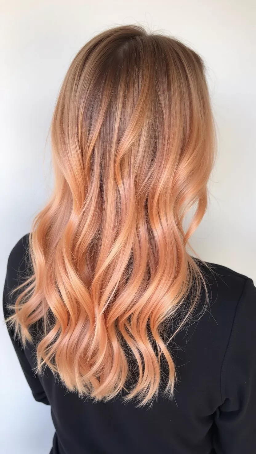 Apricot Blonde A photo of a 36-year-old woman with a delicate, fruity apricot blonde hair color, a soft, warm blonde with subtle reddish-orange, peachy undertones, colored loose, wavy hair, back view.