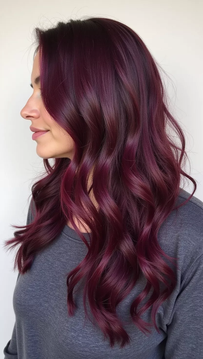 Deep Burgundy A photo of a 33-year-old woman with a rich, dark red with purple undertones colored long, wavy hair, profile view.