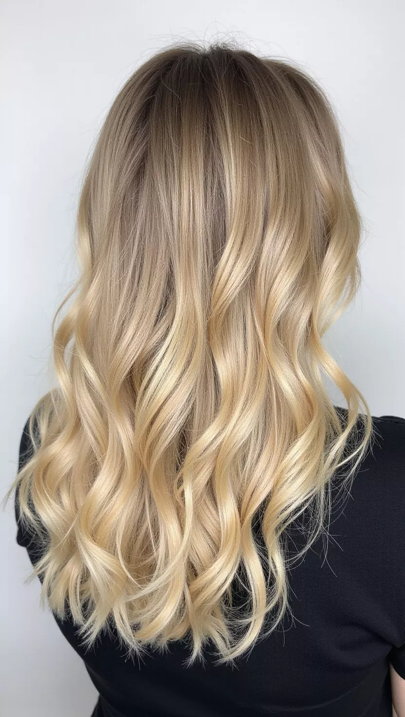 Autumn Wheat A photo of a 26-year-old woman with a golden blonde with beige undertones colored medium-length layered hair, back view.