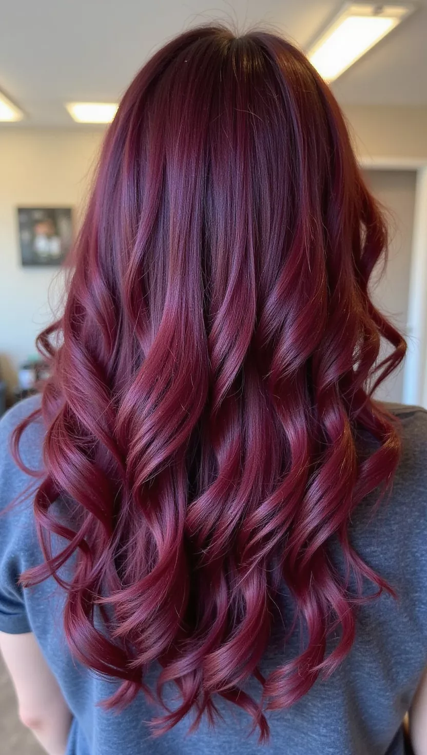 A photo of a 30-year-old woman with a deep, dark red with hints of purple, reminiscent of a rich red wine, colored long, curly hair, back view.