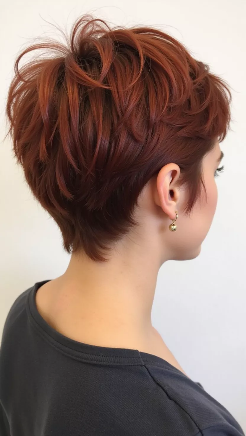 Auburn Undertones A photo of a 30-year-old woman with a Auburn Undertones colored pixie cut, back view.