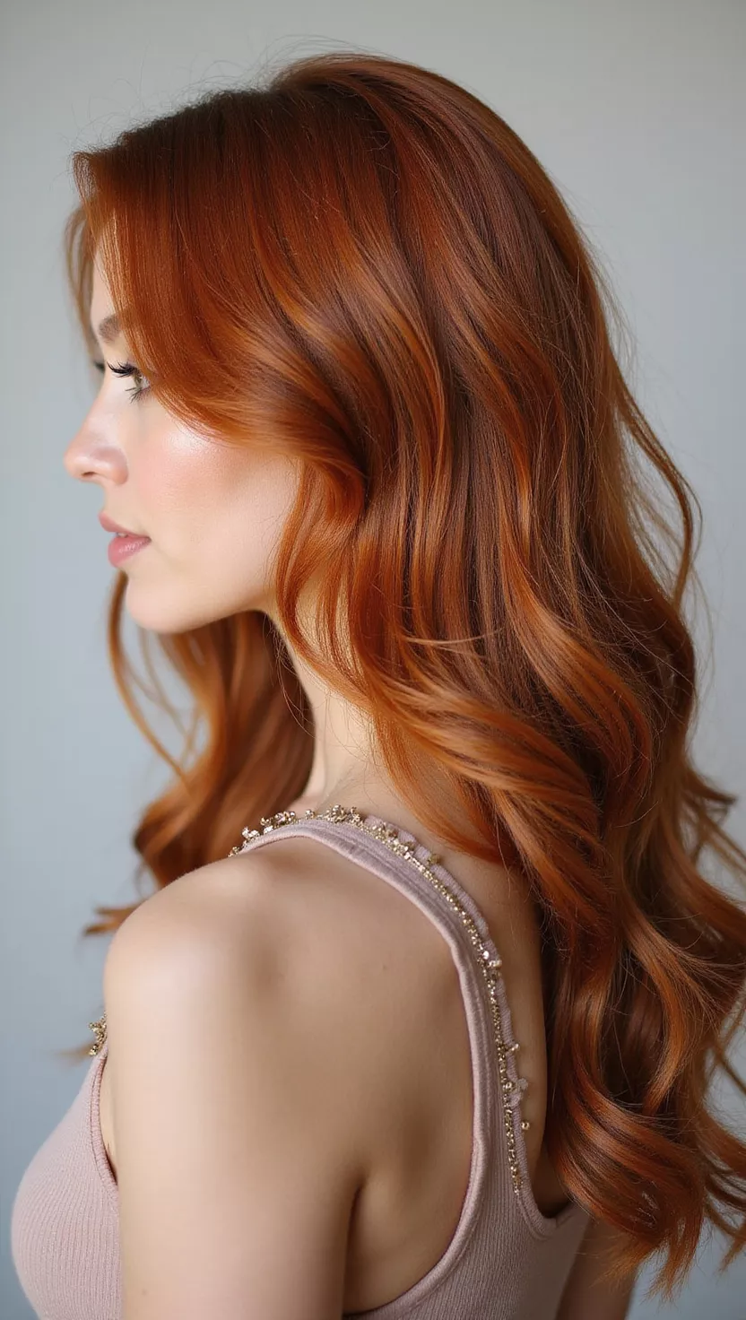 A photo of a 27-year-old woman with a warm, reddish-brown with luminous golden highlights colored long, layered hair, profile view.