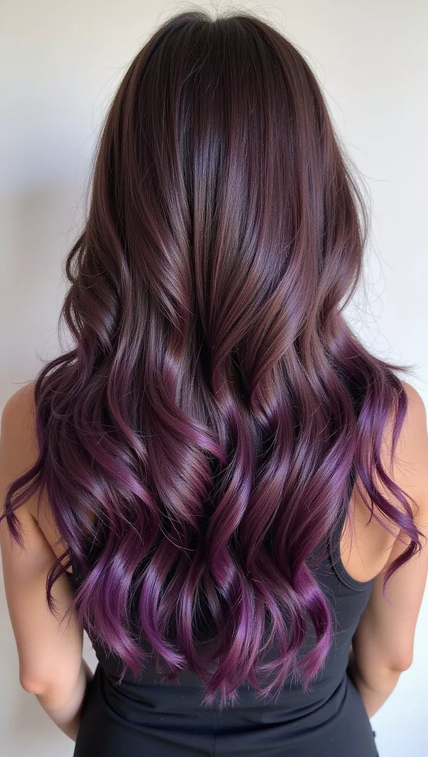 A photo of a 33-year-old woman with a dark brown base with strong, deep purple or plum undertones, visible in certain lighting, colored long, layered hair, back view.