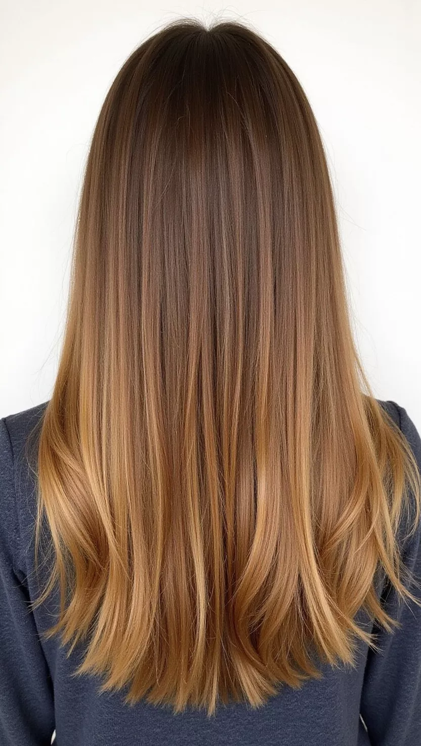 Golden Brown Ombré A photo of a 36-year-old woman with a Golden Brown Ombré colored long, straight hair, back view.