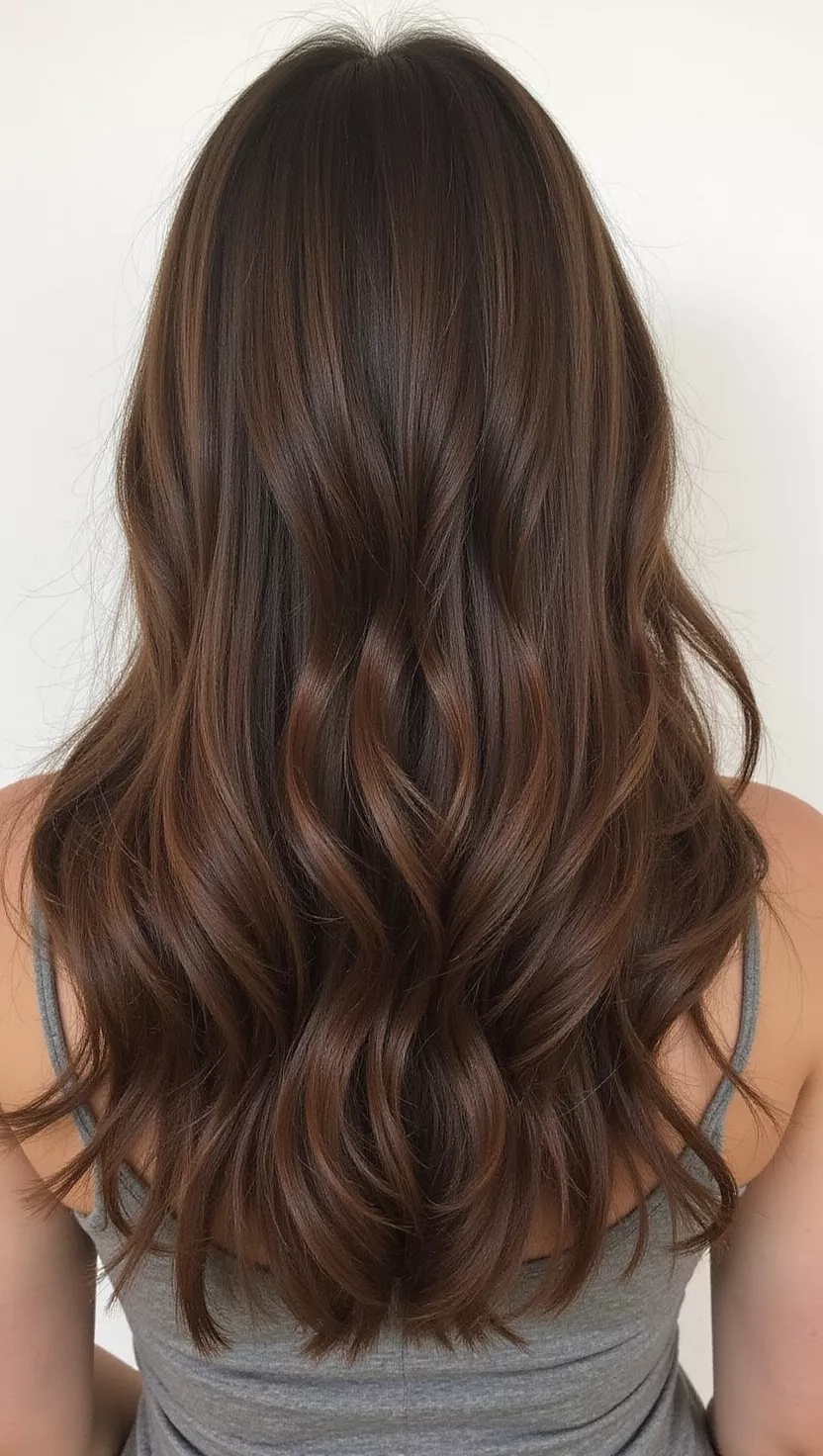 Mushroom Brown A photo of a 21-year-old woman with a Mushroom Brown colored long, layered hair, back view.