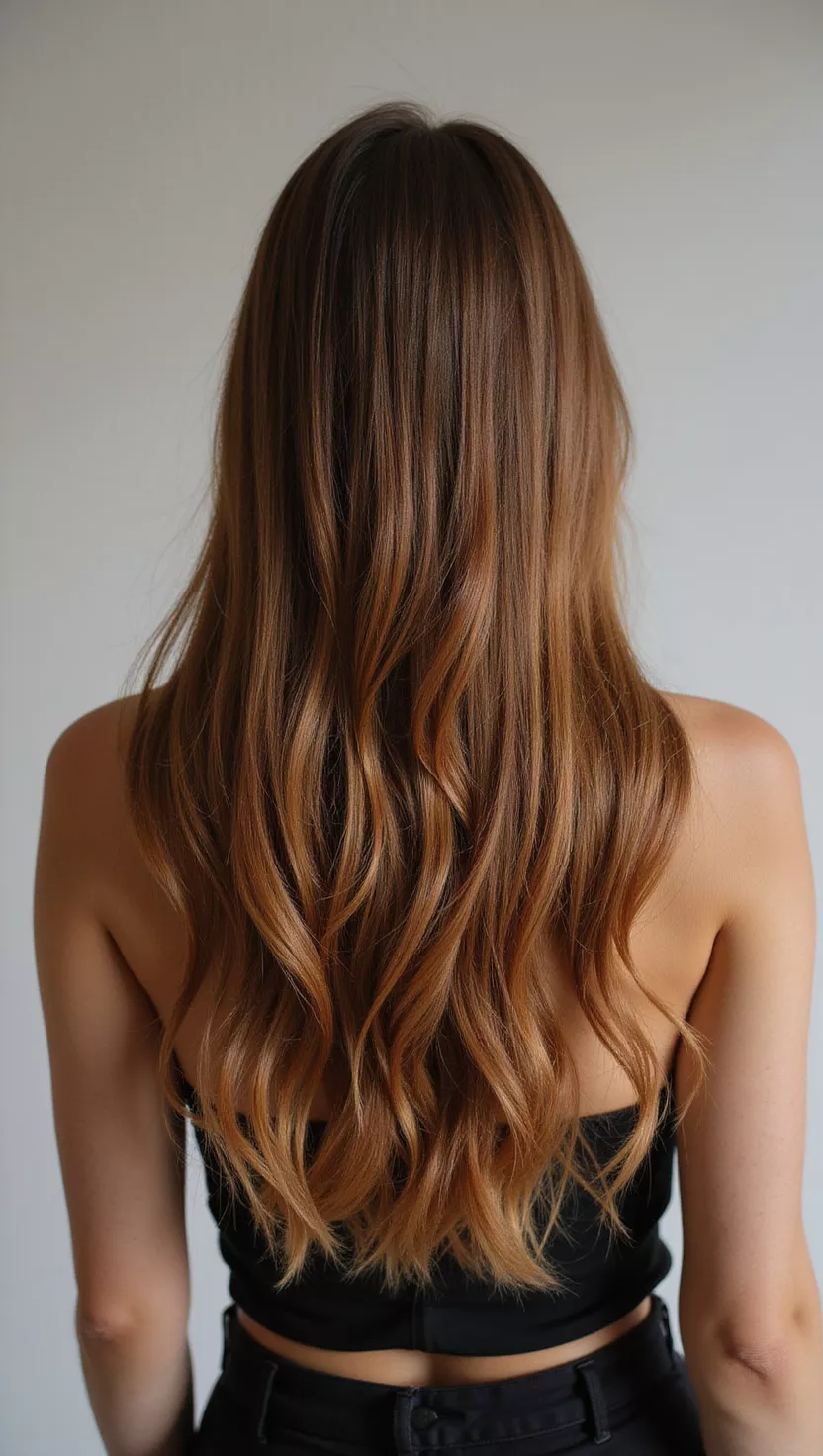 Honey Brown A photo of a 30-year-old warm-skin toned woman with a honey brown colored long hair, back view.