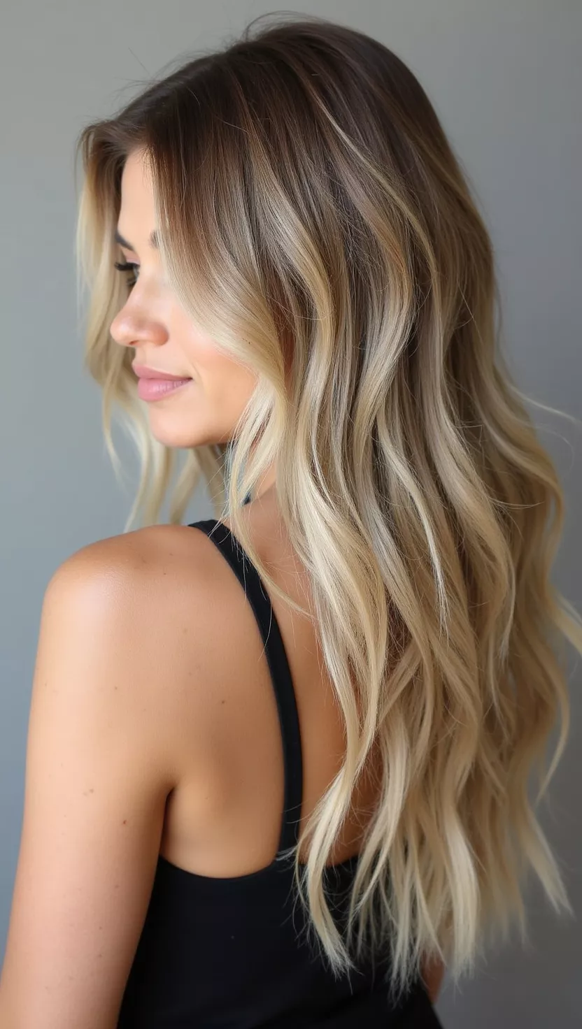 Blonde Highlights A photo of a 24-year-old warm-skin toned woman with a blonde highlights colored layered hair, back view.