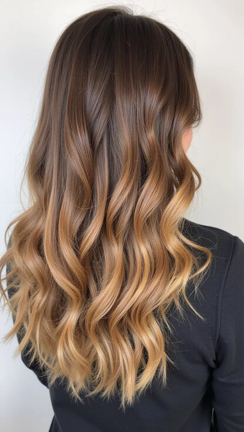 Golden Hour Glaze A photo of a 32-year-old woman with a subtle, all-over warm brown with a beautiful golden sheen colored long, beachy waves, back view.
