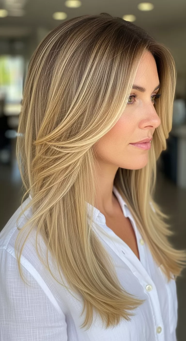 Dark Blonde Balayage A photo of a 38-year-old woman with a deep, natural dark blonde balayage, featuring hand-painted lighter blonde highlights colored long, straight hair, side view.
