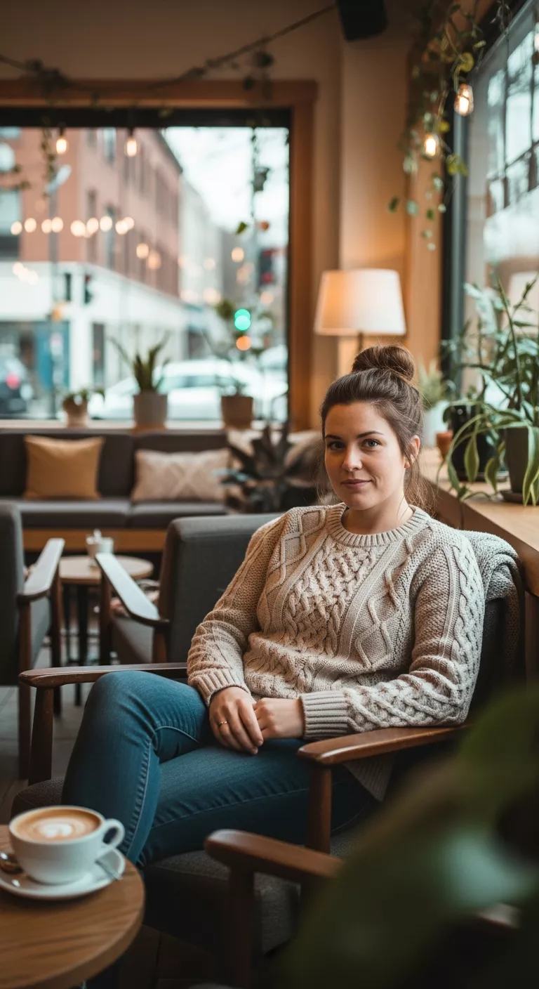 Messy Bun A photo of a 33-year-old woman with a messy bun hairstyle, cozy coffee shop background.