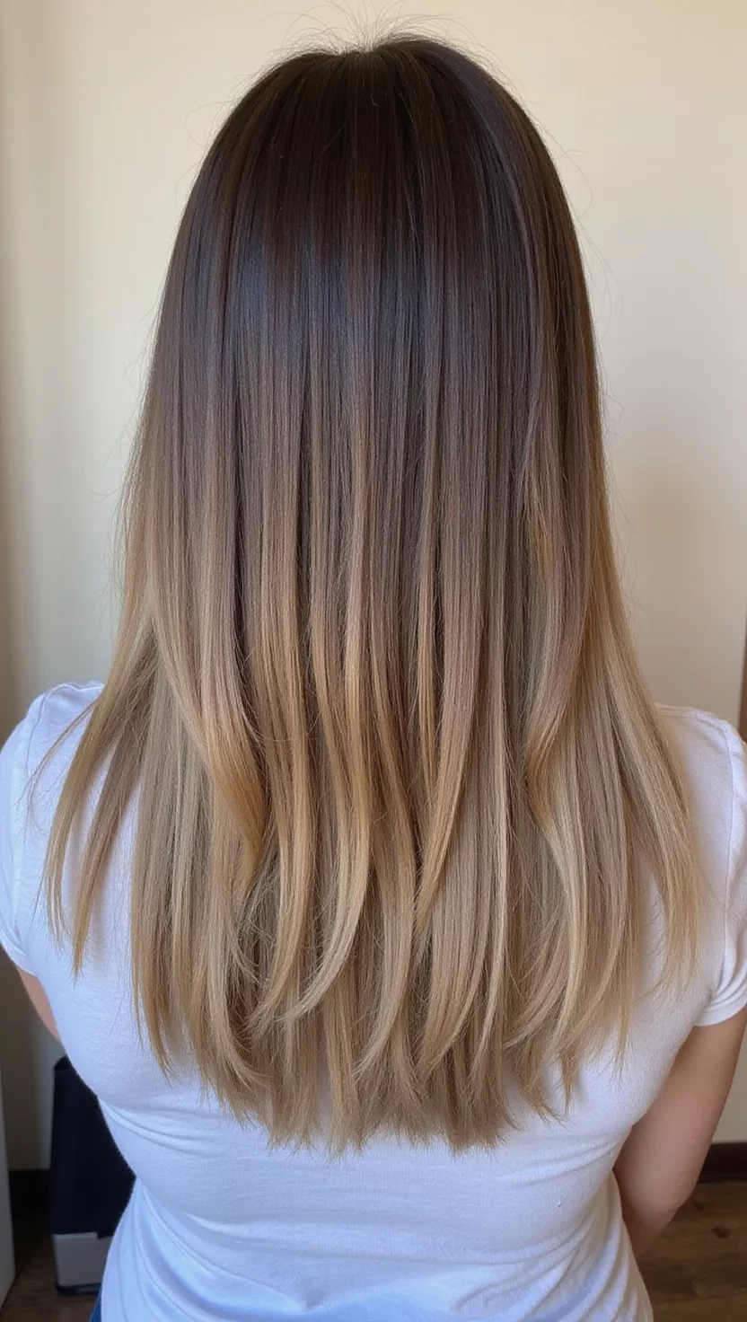 Cool Brown Balayage A photo of a 38-year-old woman with a Cool Brown Balayage colored long, straight hair, back view.