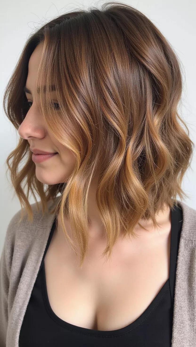 Toffee Brown A photo of a 29-year-old woman with a warm, medium brown with golden and caramel undertones colored shoulder-length bob, profile view.
