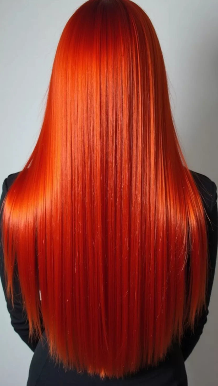 A photo of a 29-year-old woman with an intense, vivid, and brilliant red hair color that resembles flames, designed to be extremely bold and attention-grabbing, colored long, straight hair, back view.