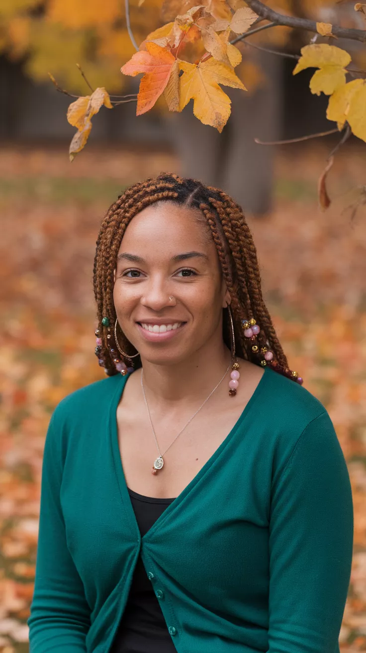 Cornrows with Beads A photo of a 31-year-old black woman with cornrows with beads, fall background.