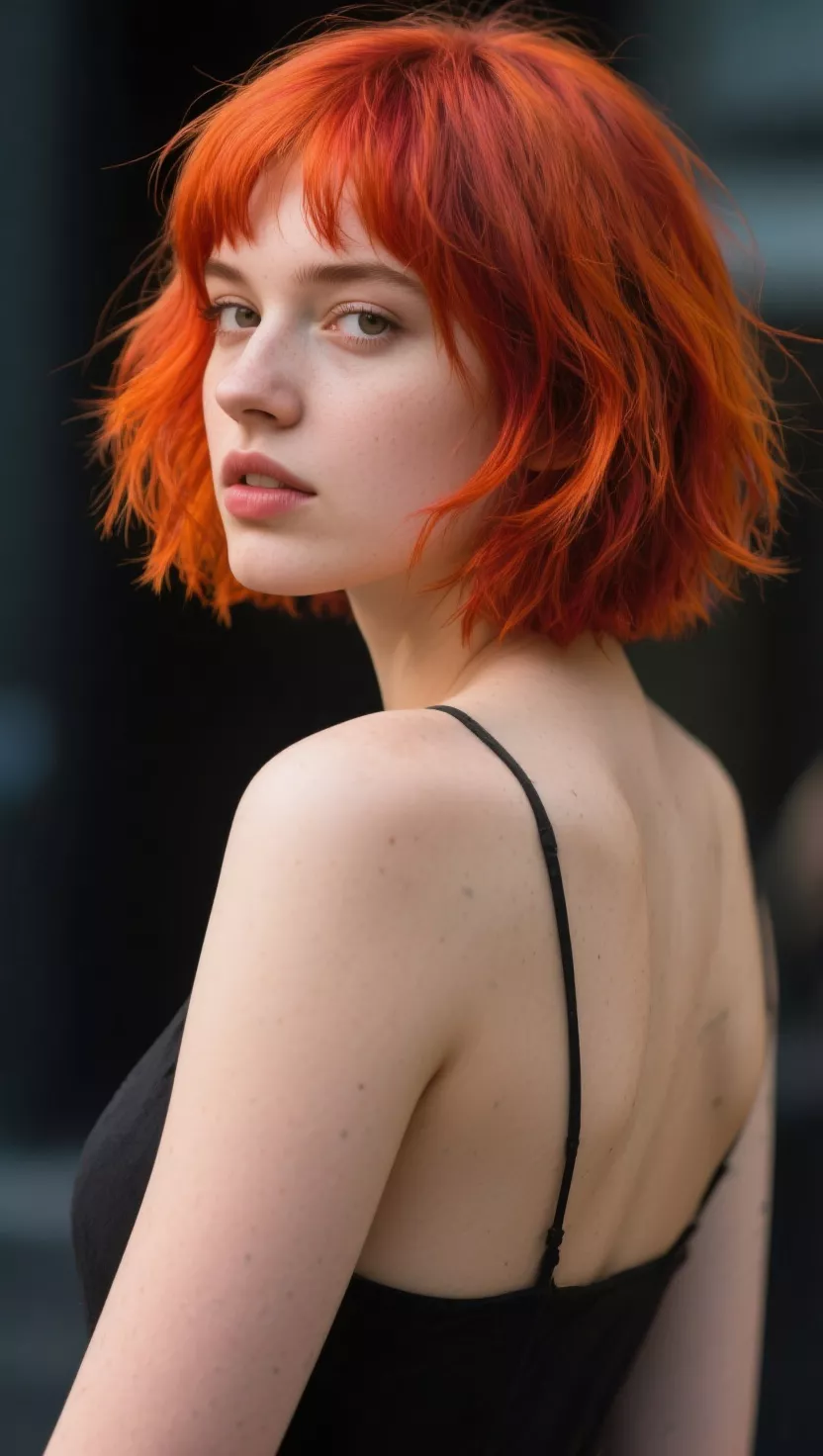 A photo of a 29-year-old woman with a strong, intense, and daring copper hair color that stands out vibrantly, colored short, choppy hair, back view.
