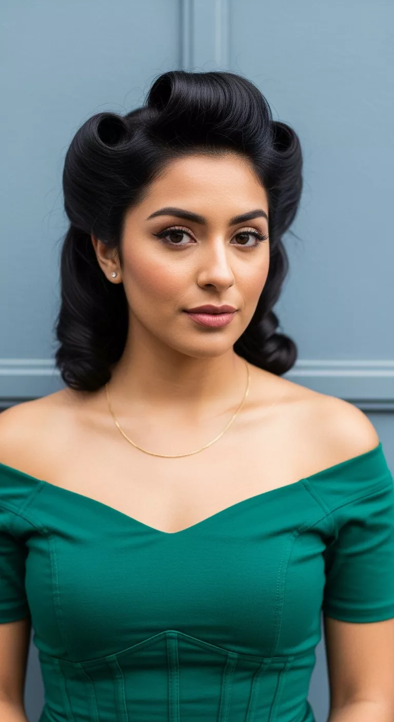 A photo of a 27-year-old woman with victory rolls.