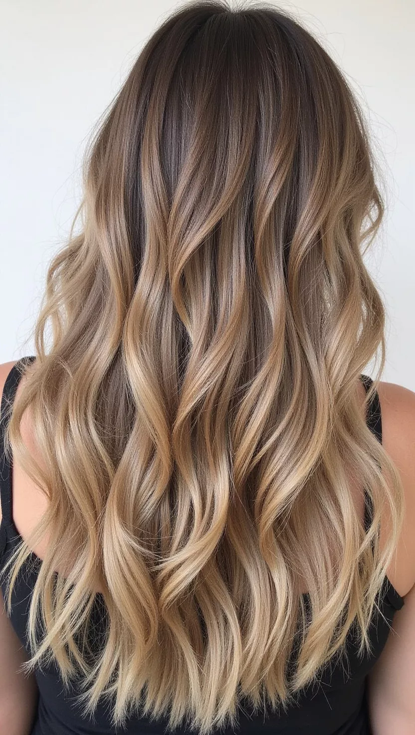 Balayage A photo of a 25-year-old woman with a natural-looking balayage hair color, featuring seamlessly blended highlights and lowlights that create depth and movement, colored long, straight hair, back view.
