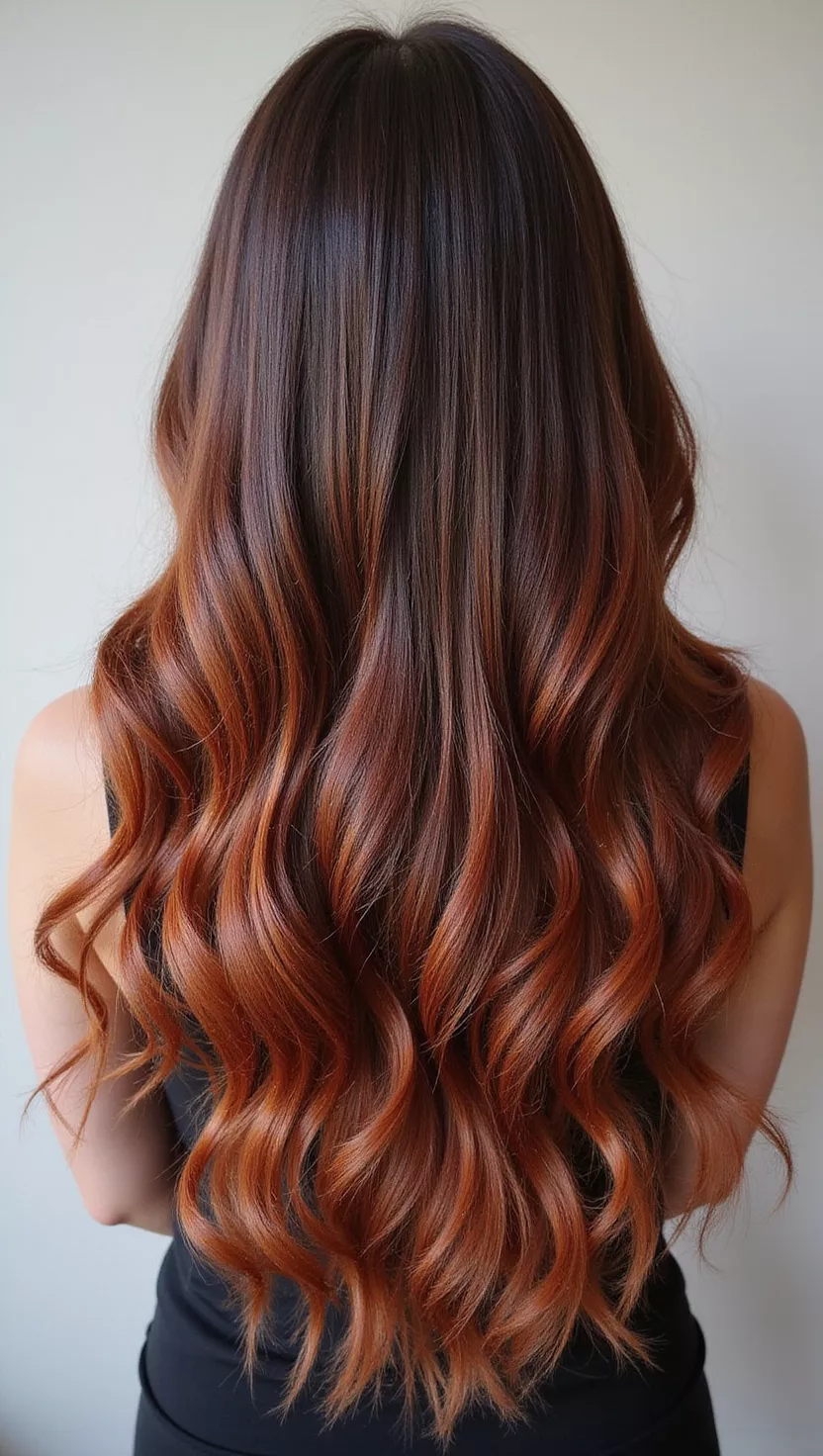 A photo of a 32-year-old woman with a natural, medium to dark brown with warm, reddish undertones, resembling chestnuts, colored long, flowing hair, back view.
