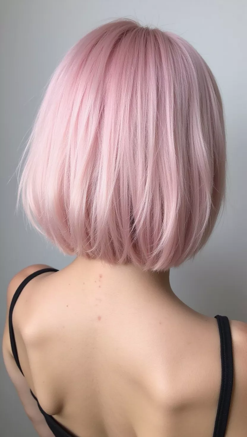 Pastel Pink A photo of a 27-year-old woman with a pastel pink colored bob, back view.