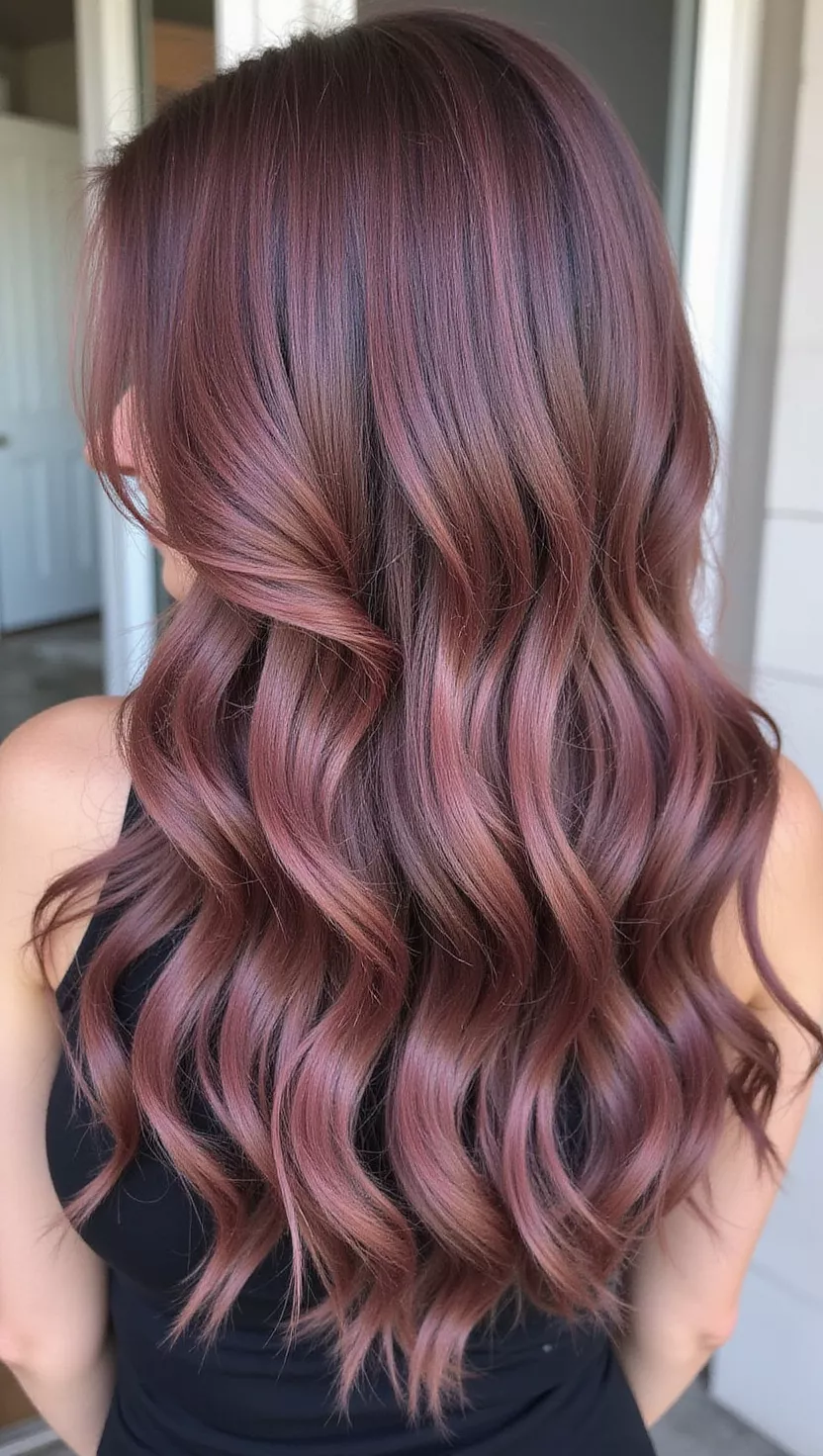 A photo of a 34-year-old woman with a muted, dusty rose or brownish-purple, dark enough to be sophisticated but with a hint of unexpected color, colored long, wavy hair, back view.