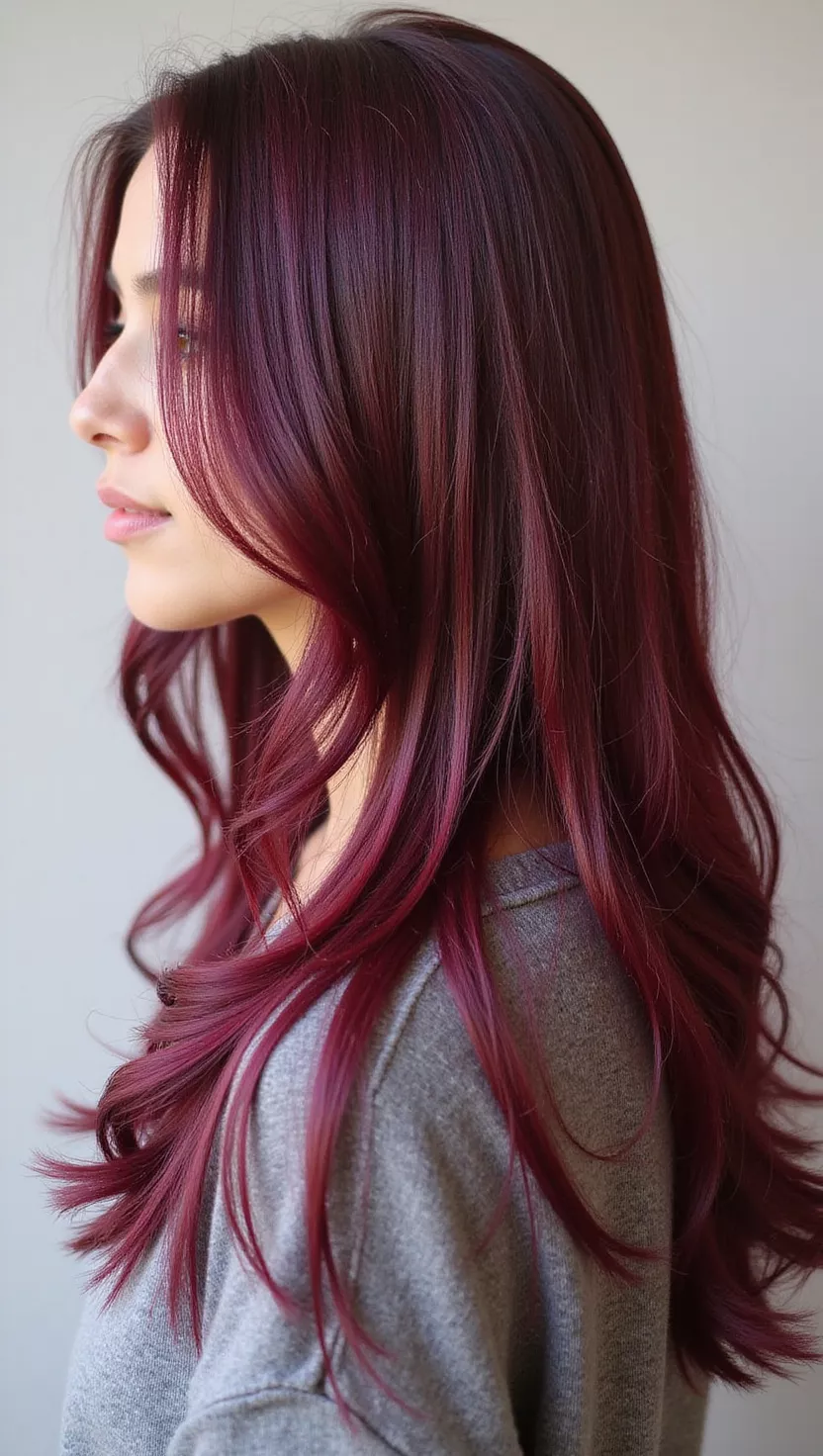Mahogany A photo of a 31-year-old woman with a rich, deep reddish-brown with a subtle violet tint colored long, straight hair, profile view.