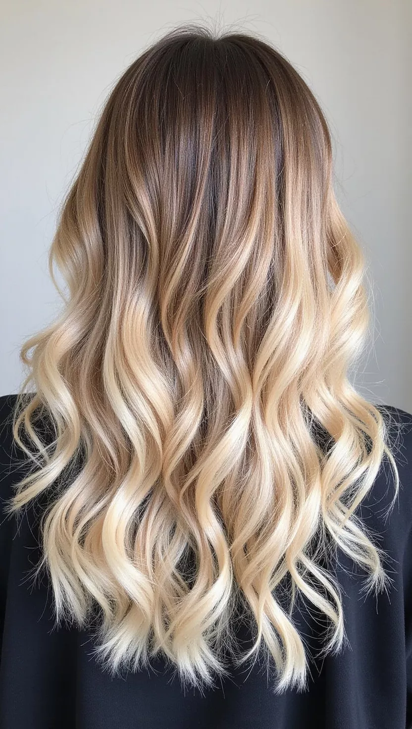 Buttery Bronde A photo of a 27-year-old woman with a creamy, luminous buttery bronde hair color, a perfect blend of blonde and brown with soft, warm undertones, colored loose, voluminous curls, back view.