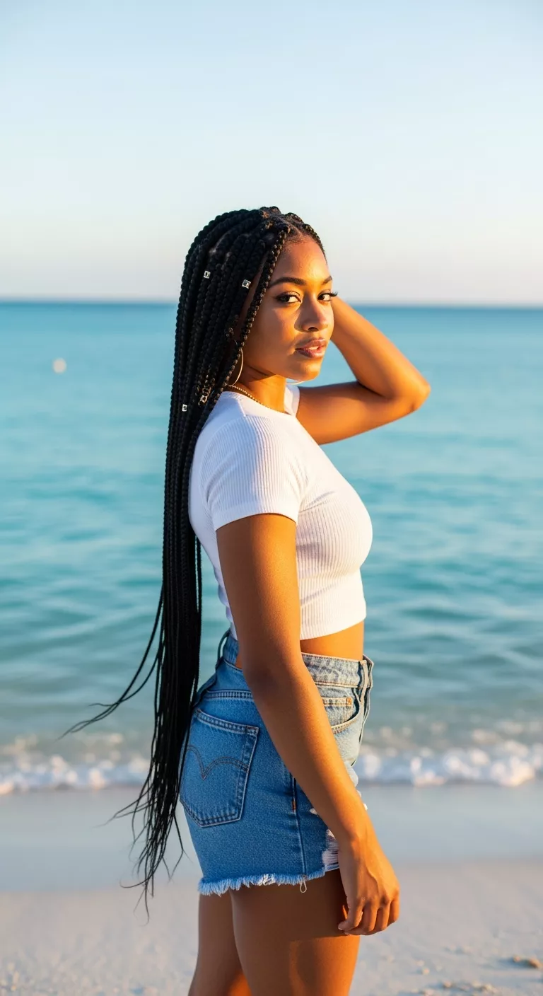 A photo of a 25-year-old woman with a waterfall braid.