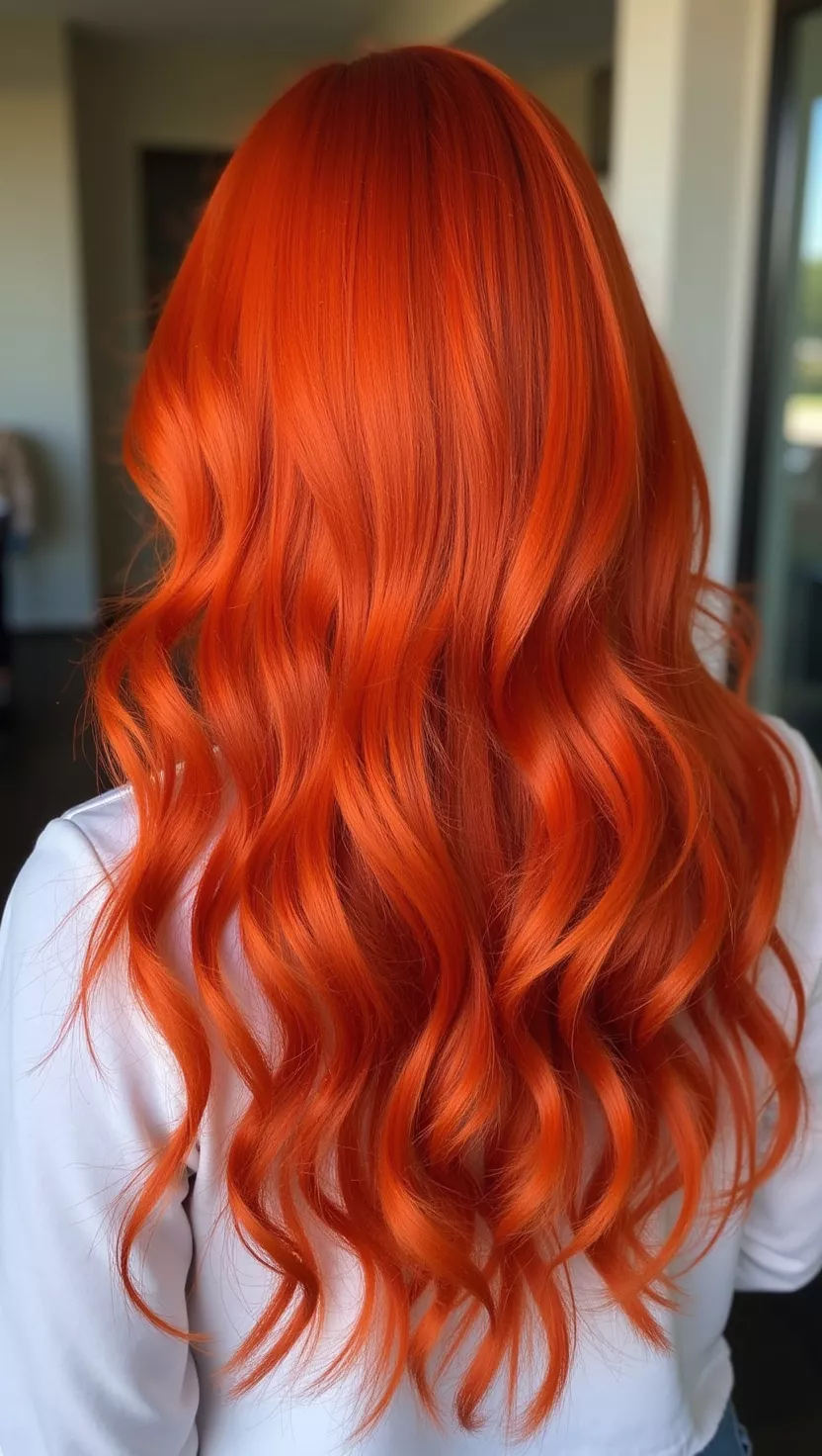 A photo of a 28-year-old woman with a bright, intense red hair color with orange undertones, designed to be very bold and eye-catching, colored long, curly hair, back view.