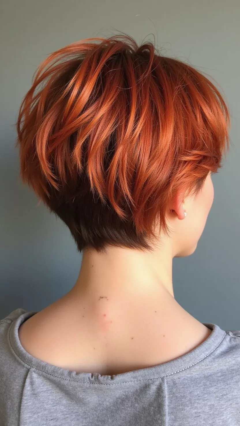 Burnt Orange A photo of a 26-year-old woman with a deep orange-red with darker undertones colored short pixie cut, back view.