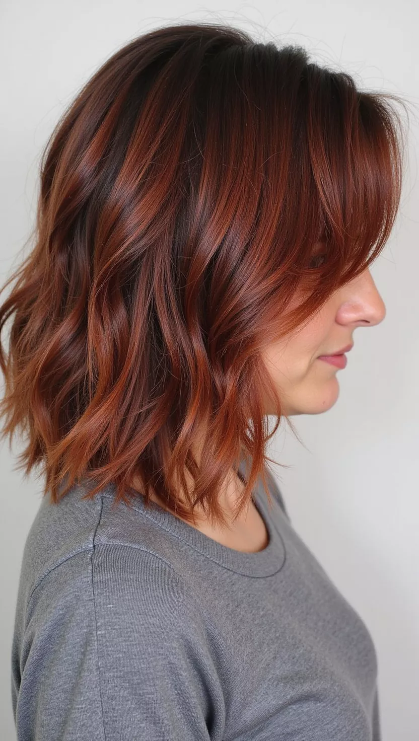 Warm Chestnut A photo of a 33-year-old woman with a medium brown with warm red undertones colored shoulder-length bob, back view.